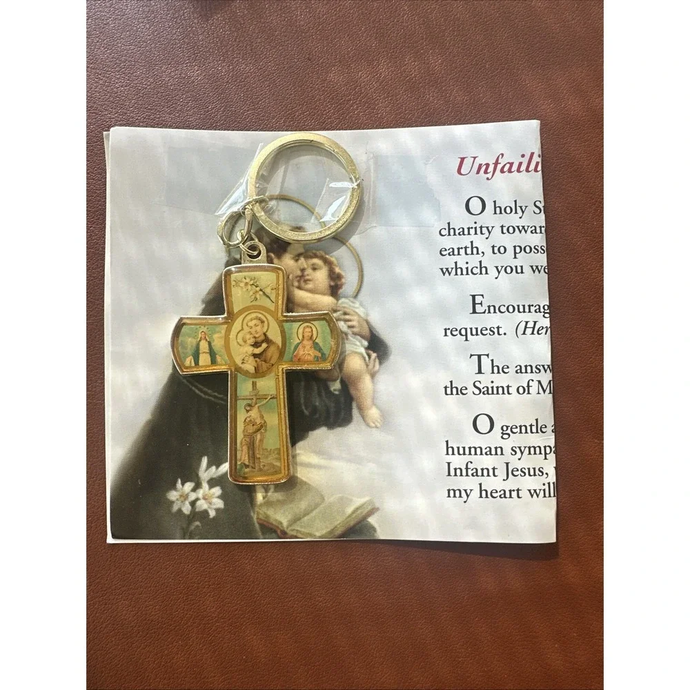 St Anthony Religious Cross Keychain Gold Tone‎ Pray For Us Key Ring Cross